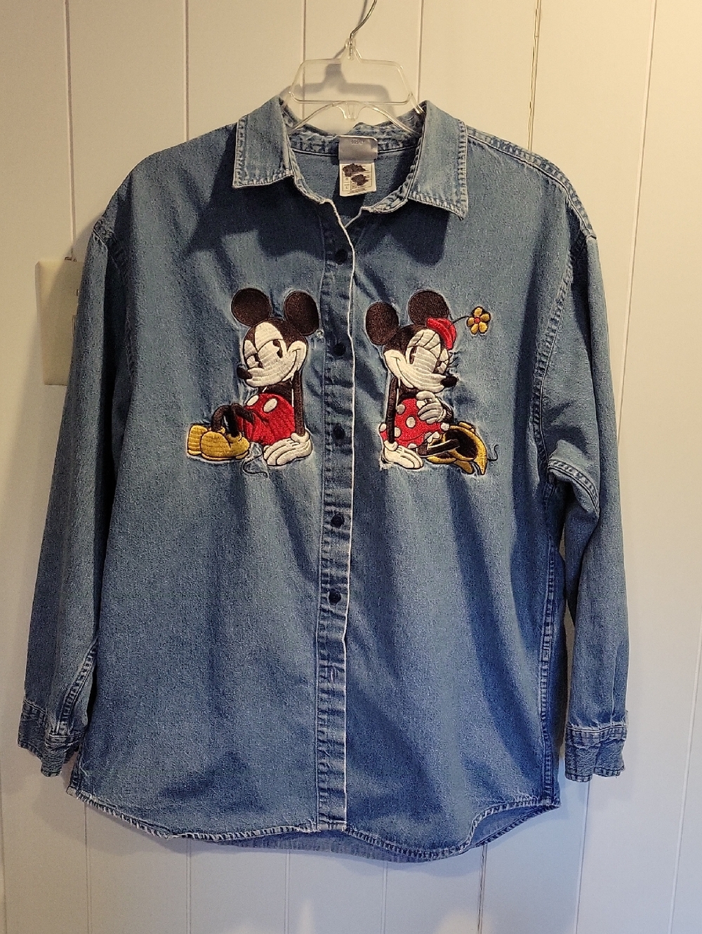 Disney Light Blue Denim Button-Down Shirt with Mickey & Minnie Embroidery